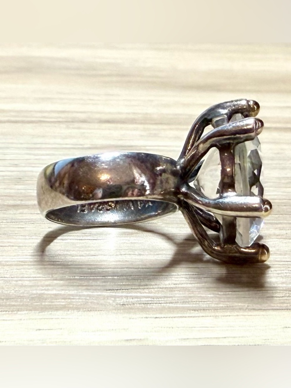 Designer YAM Israel Sterling Silver & 14K Gold Clear Natural Stone Ring, Size 5 - Picture 5 of 11